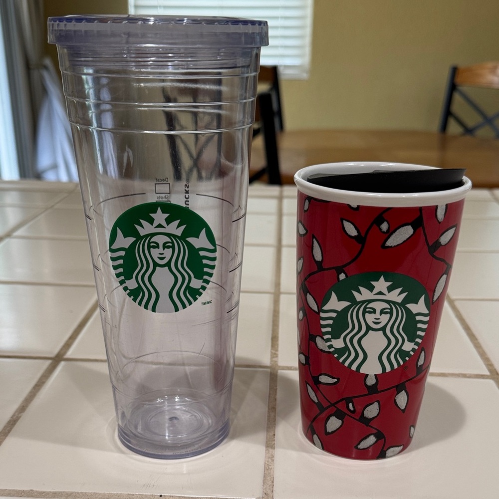Starbucks Clear Tumbler and Red Holiday Travel Mug